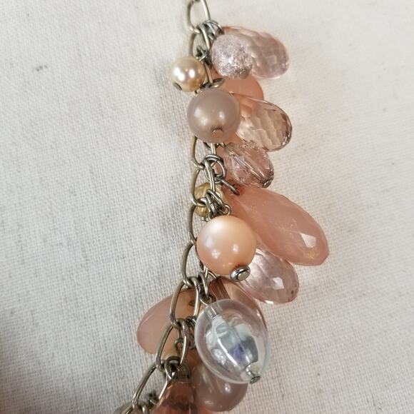 NY Peach Pink  Clear Beads Baubles Facets Silver Tone Chain Necklace Nice! - Picture 2 of 5